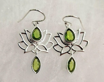 Magníficos pendientes de loto de plata con piedra (Topacio Azul/Granate/Ónix Verde/Peridoto)