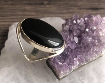 Oval Black Onyx silver ring