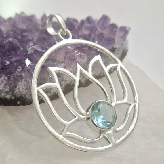 Silver Lotus Pendant with Blue Topaz Stone
