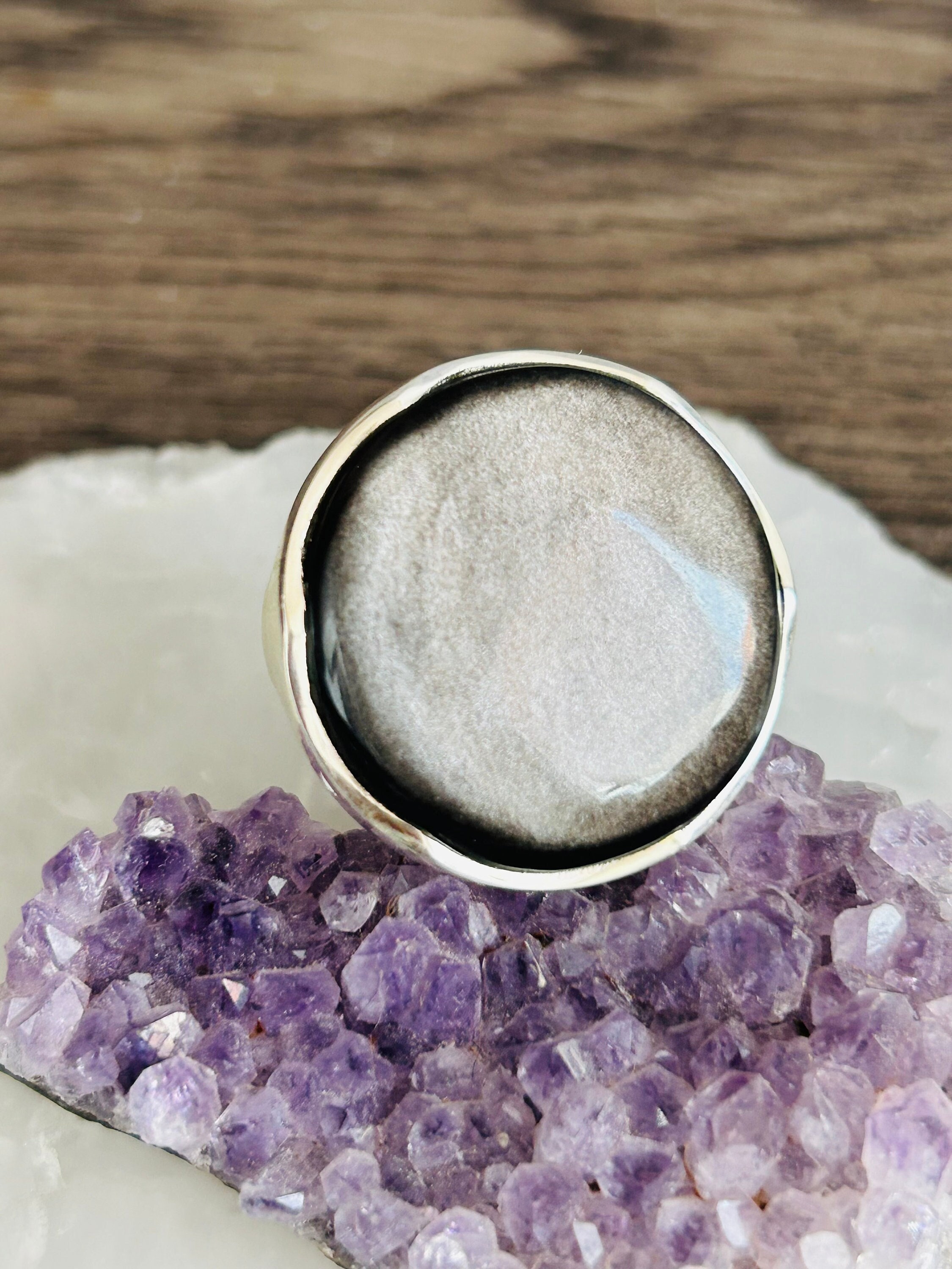 One of a Kind Silver Sheen Obsidian Adjustable Silver Ring