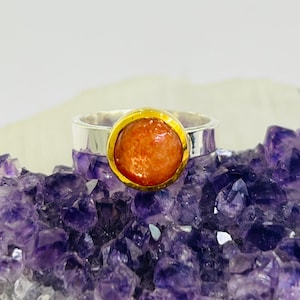 Adjustable Sunstone Round Ring — Sterling Silver with 24K Gold-Plated