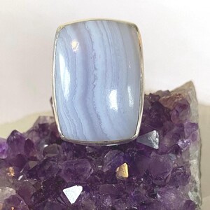 Artisan crafted Banded Blue Chalcedony sterling silver adjustable ring, natural stone rectangle shape