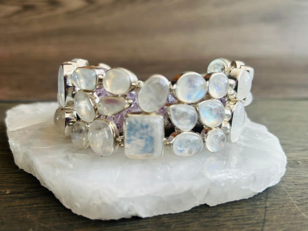 Bracelet Fantaisie Ethnique Fait Main - Pierre De Lune Arc-en-ciel, Argenté, 8 Pouces