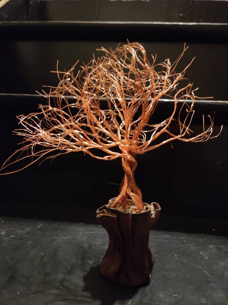 Arbre de Bonsaï en Cuivre, Cuir, Mousse