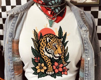Vintage jungle-sweater met luipaardprint, hoodie met tropische bloemen cheetah, retro botanisch grafisch T-shirt, shirt met exotische dieren safari-vibe sku5-31