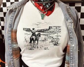 Vintage cowboyshirt paardrijden, retro hoodie woestijnlandschap, minimalistisch western grafisch T-shirt, Sketch Art Mountain-sweater sku5-39