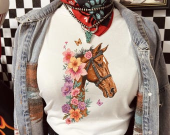 Gebloemd paardshirt, sweatshirt paard meisje, shirt western cowgirl, vintage paard T-shirt, paardensport bloemenshirt land paard minnaar cadeau sku5-8