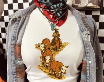 Shirt westerncowboy, shirt veeboerderij, vintage western-shirt, shirt boerderijleven, cowboy grafisch sweatshirt, shirt rancher sku5-23