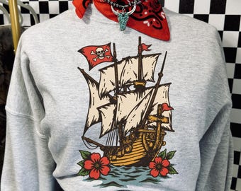 Sweater met traditionele tattoo piratenschip, vintage nautische grafische hoodie, retro Sailor Aesthetic T-shirt, skeletschip longsleeve sku5-29