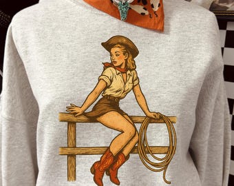Vintage cowgirlshirt, western pin-upgirl T-shirt, retro cowgirl sweater, shirt rodeo, western esthetiek, outfit countrygirl sku5-24