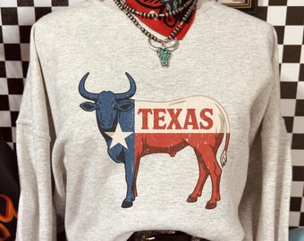 Sweatshirt met vlag van Texas, vintage hoodie Longhorn Cattle, retro Lone Star State Tee, grafisch shirt Western Bull, patriottisch Texas sku5-49