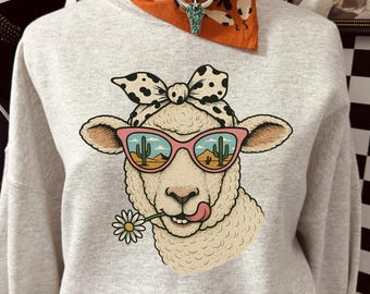 Sweatshirt grappig schaap met zonnebril, retro western grafische hoodie, woestijncactus unisex T-shirt, Sassy Farm Animal-merchandise sku5-27