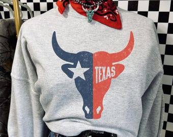 Sweatshirt met vlag van Texas Longhorn, retro Lone Star State hoodie, vintage Texas Pride-shirt, grafische Western Bull, patriottische cowboy Top sku5-48