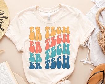 ER tech shirt, hoodie, sweatshirt, tank top, gift, emergency room technician, retro wave, colorful lettering