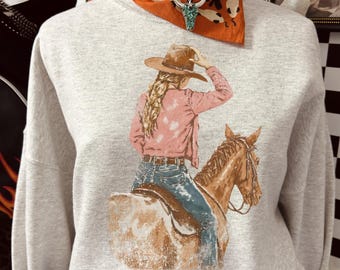 Shirt cowgirl paard, western esthetiek sweatshirt, shirt paard meisje, vintage cowgirl-T-shirt, ranch leven, country western outfit sku5-12