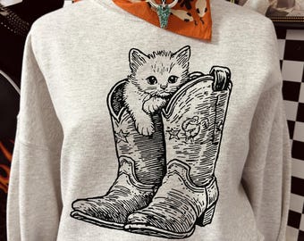 Sweater schattige kat in cowboylaarzen, grappige western kitten hoodie, Coastal Cowgirl Graphic T-shirt, retro kitsch esthetische Merch sku5-36