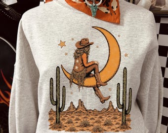 Sweater Cowgirl on the Moon, Celestial Western-hoodie, Boho Desert Moon-T-shirt, retro dromerige cowgirl Mystic Southwest longsleeve sku5-54