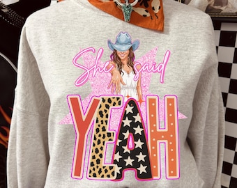 Chemise She Said Yeah, chemise cow-girl mariée, t-shirt EVJF western, sweat-shirt mariée country, chemise de fiançailles rodéo sku5-158