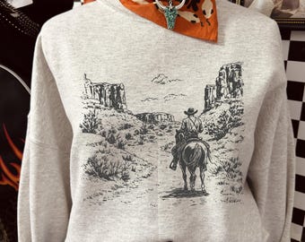 Sweater te paard Western Canyon, vintage hoodie woestijnpanorama, retro T-shirt Wild West Scene, Cowboy Trail grafische longsleeve sku5-40