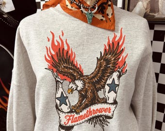 Sweatshirt met vlammenwerper adelaar, vintage rock Americana hoodie, retro vlam graphic T-shirt, shirt badass western eagle, bikerstijl sku5-43