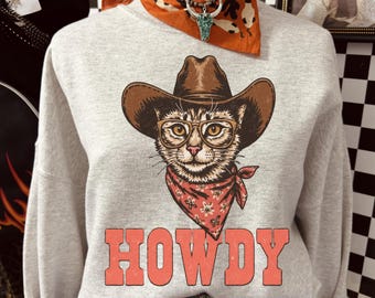 Howdy Cat Cowboy-sweater, western kitten met bril hoodie, retro land grafisch T-shirt, grappige kat moeder cadeau vintage cowgirl shirt sku5-38