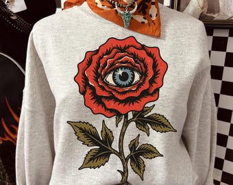 Mystical Rose Eye-sweater, traditionele tattoo grafische hoodie, Evil Eye Rose-shirt, vintage boho western-shirt, psychedelische bloemen sku5-30