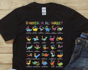 Gift for kids Dinosaur alphabet shirt, fall apparel, tank top, hoodie, baby one piece, school shirt, student shirt, kindergarten shirt