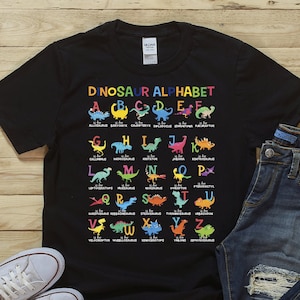 Gift for kids Dinosaur alphabet shirt, fall apparel, tank top, hoodie, baby one piece, school shirt, student shirt, kindergarten shirt