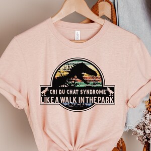 May include: A pink t-shirt with a vintage-style graphic of a dinosaur with the text "Cri du Chat Syndrome Like a Walk in the Park".