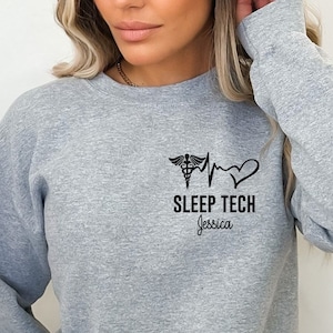Personalized Sleep tech shirt, long sleeve, sweatshirt, gift, pocket custom name Sleep technologist, heartbeat, aast, rpsgt
