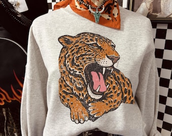 Chemise graphique léopard, t-shirt chat sauvage vintage, sweat-shirt léopard rétro, chemise animal bohème western, t-shirt tendance imprimé léopard sku5-87