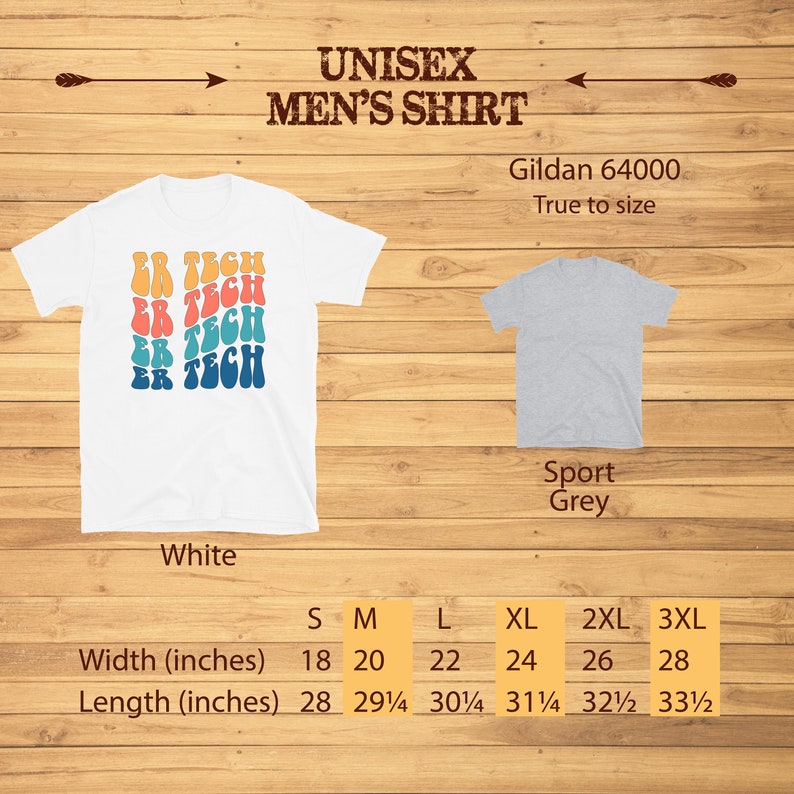 Op de afbeelding: Een unisex T-shirt in wit en sportgrijs met de tekst "ER TECH" in een retro lettertype. Het shirt is verkrijgbaar in de maten S-3XL. Gildan 64000. Valt normaal.