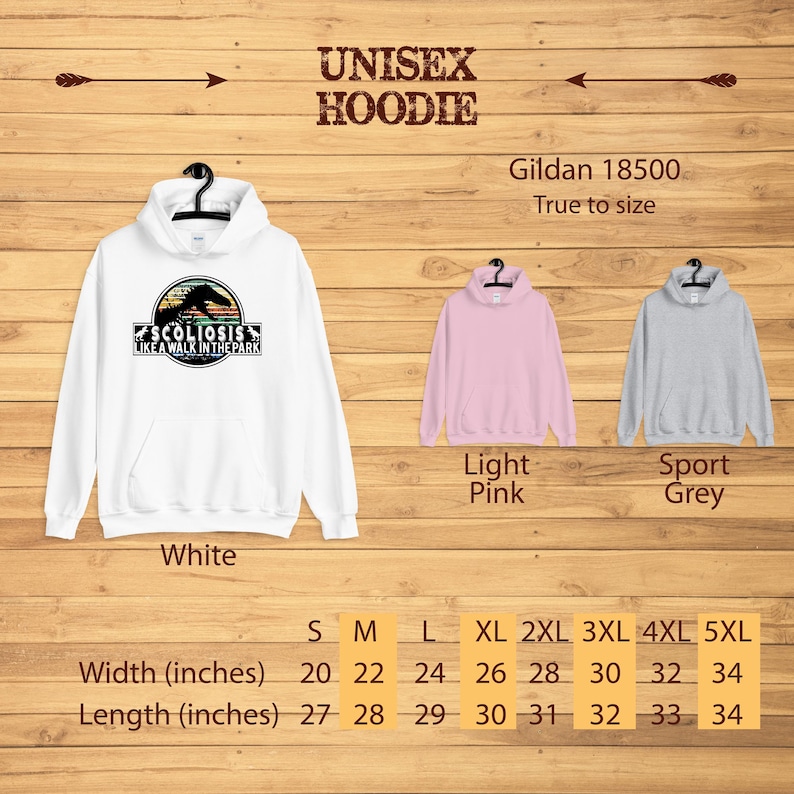 May include: A white, light pink, and grey unisex hoodie with the text "Scoliosis Like A Walk In The Park" printed on the front. The hoodie is available in sizes S-5XL. The size chart shows the width and length in inches.