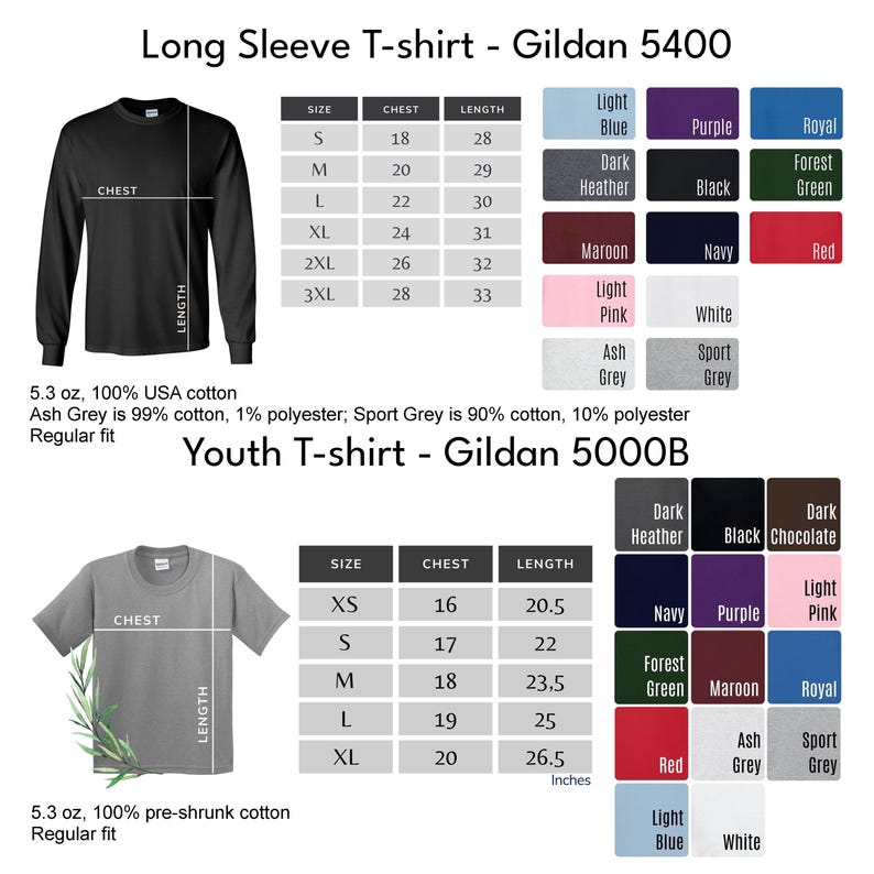 May include: A black long-sleeve t-shirt and a gray short-sleeve t-shirt are displayed with size charts. The charts list chest and length measurements in inches, along with color options for each shirt style. The text "Long Sleeve T-shirt - Gildan 5400" and "Youth T-shirt - Gildan 5000B" are visible.