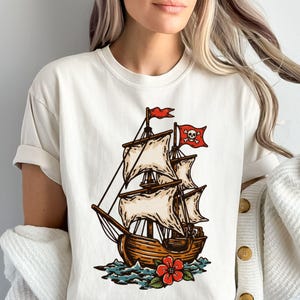 Pirate Ship T-Shirt, Skull Crossbones Gift, Nautical Ocean Hoodie, Pirate Flag Sweatshirt, Sailing Long Sleeve   sku3 11