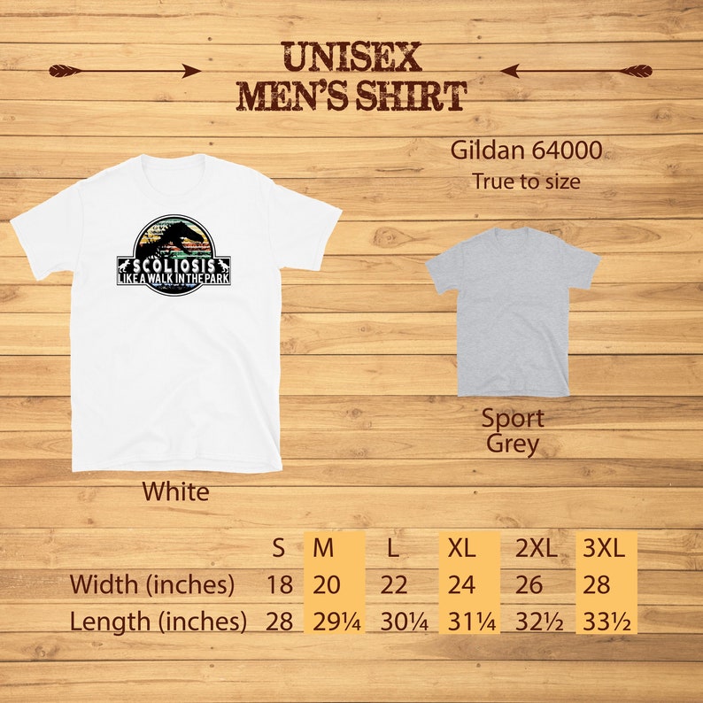 May include: White and grey unisex t-shirt with a graphic of a dinosaur with the text "Scoliosis Like a Walk in the Park". The shirt is available in sizes S-3XL. Gildan 64000. True to size.