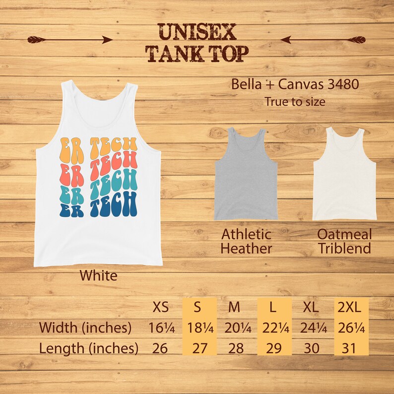 Op de afbeelding: Een wit tanktop met een kleurrijke afbeelding waarop vijf keer "ER TECH" staat. Het tanktop is verkrijgbaar in de maten XS tot 2XL. De maattabel toont de breedte en lengte van het tanktop in inches.