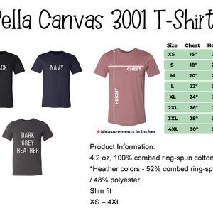 May include: A product image showcasing Bella Canvas 3001 T-shirts in various colors: black, navy, and dark grey heather. The image includes a size chart with chest and height measurements in inches, ranging from XS to 4XL. Product information is also provided.