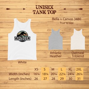 May include: White, athletic heather, and oatmeal triblend tank tops with the text "Scoliosis Like A Walk In The Park" and a dinosaur graphic. The tank tops are available in sizes XS to 2XL. Width and length measurements are listed in inches.