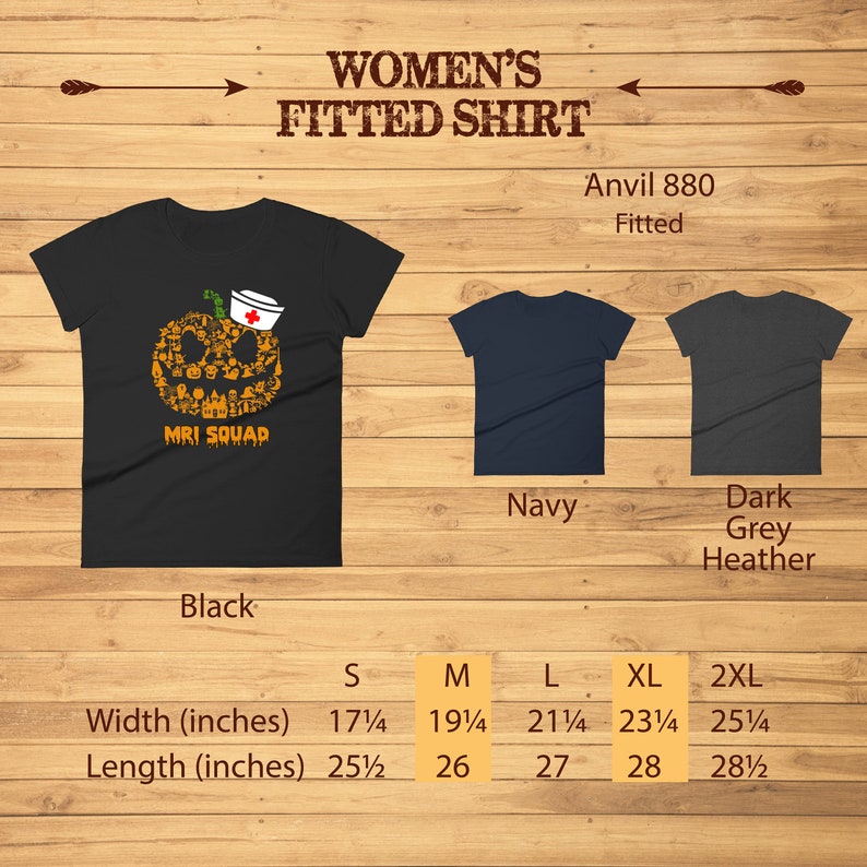 May include: Black fitted shirt with a pumpkin design composed of Halloween-themed icons and the text "MRI SQUAD". The shirt also comes in navy and dark grey heather. Measurements are provided in inches.