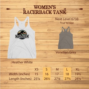 May include: Heather white and Venetian grey racerback tank tops with a size chart showing width and length measurements in inches. The heather white tank top has a graphic print of a dinosaur with the text "Scoliosis Like a Walk in the Park".