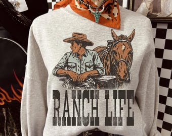 Chemise western ranch life, t-shirt cowboy vintage, chemise graphique country western, chemise cheval de cowboy, sweat-shirt éleveur de cow-girl rodéo sku5-89