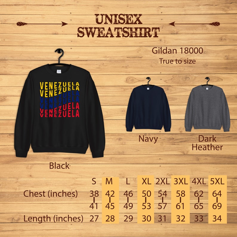 May include: Black unisex sweatshirt with the word "VENEZUELA" in yellow, blue, and red. The image shows the sweatshirt on a hanger, with navy and dark heather gray sweatshirts to the right. Chest sizes range from 38 to 64 inches, and lengths from 27 to 34 inches.