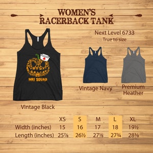 May include: A black racerback tank top with a pumpkin design and the text "MRI SQUAD". The pumpkin is made up of various Halloween-themed images. The image also shows navy and heather gray tank tops, and size measurements in inches.