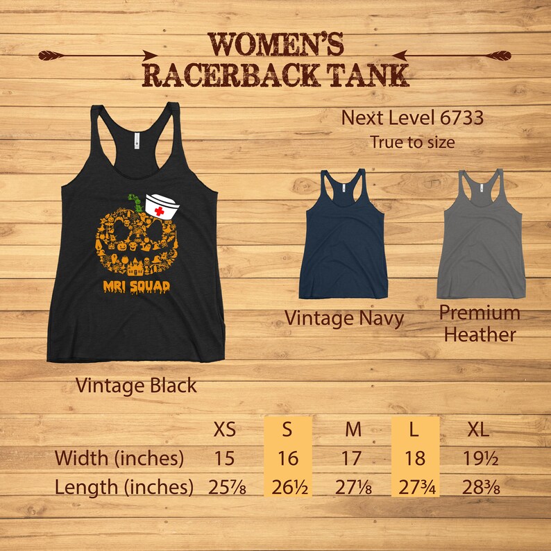 May include: A black racerback tank top with a pumpkin design and the text "MRI SQUAD". The pumpkin is made up of various Halloween-themed images. The image also shows navy and heather gray tank tops, and size measurements in inches.