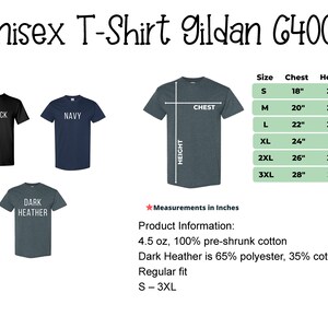 May include: A product image showcasing a Gildan 64000 unisex t-shirt. The image displays the shirt in black, navy, and dark heather colors. Size chart with chest and height measurements in inches is included. The product information is also displayed.