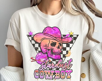 Stardust cowboyshirt western retro schedel T-shirt | Roze T-shirt met kosmische cowgirl-print | Vintage landelijk esthetisch shirt | Artikelnummer 17