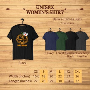 May include: A black unisex t-shirt with a pumpkin design, a nurse's cap, and the text "MRI Squad." The shirt is available in various colors, including navy, forest green, black, and heather gray. Sizes range from XS to 2XL, with widths from 16.5 to 26 inches.