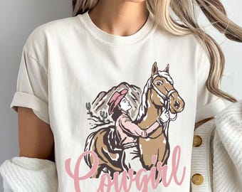 Maglietta da cowgirl con cavallo, camicia western retrò, top da ragazza di campagna, felpa con cappuccio, felpa, regalo per lei skuC57