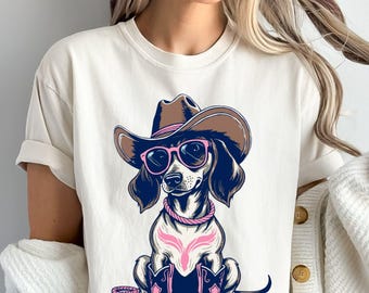 Cowgirl Dog Shirt – Cute Western Dachshund T-shirt, Hoodie, Sweatshirt, Long Sleeve, Pink Boot Rodeo Gift for Dog Moms sku3 32